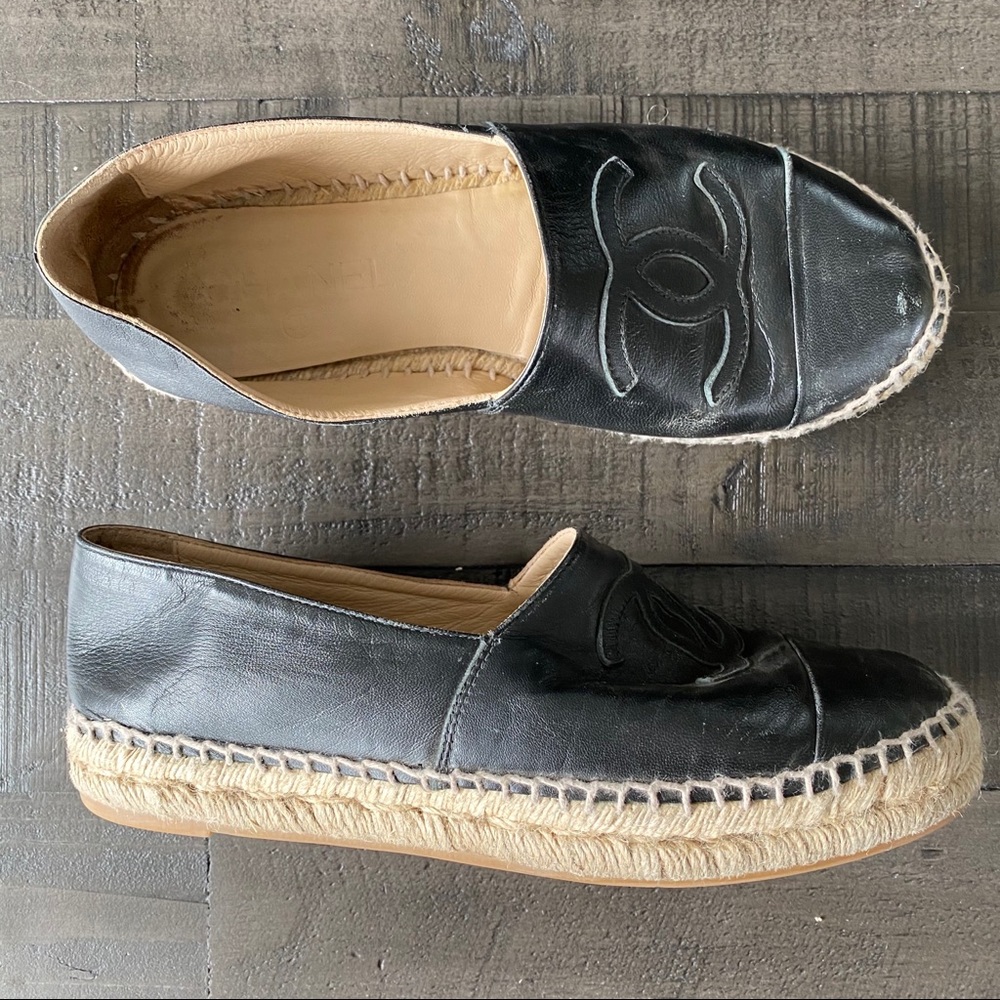 CHANEL Black Leather Espadrilles